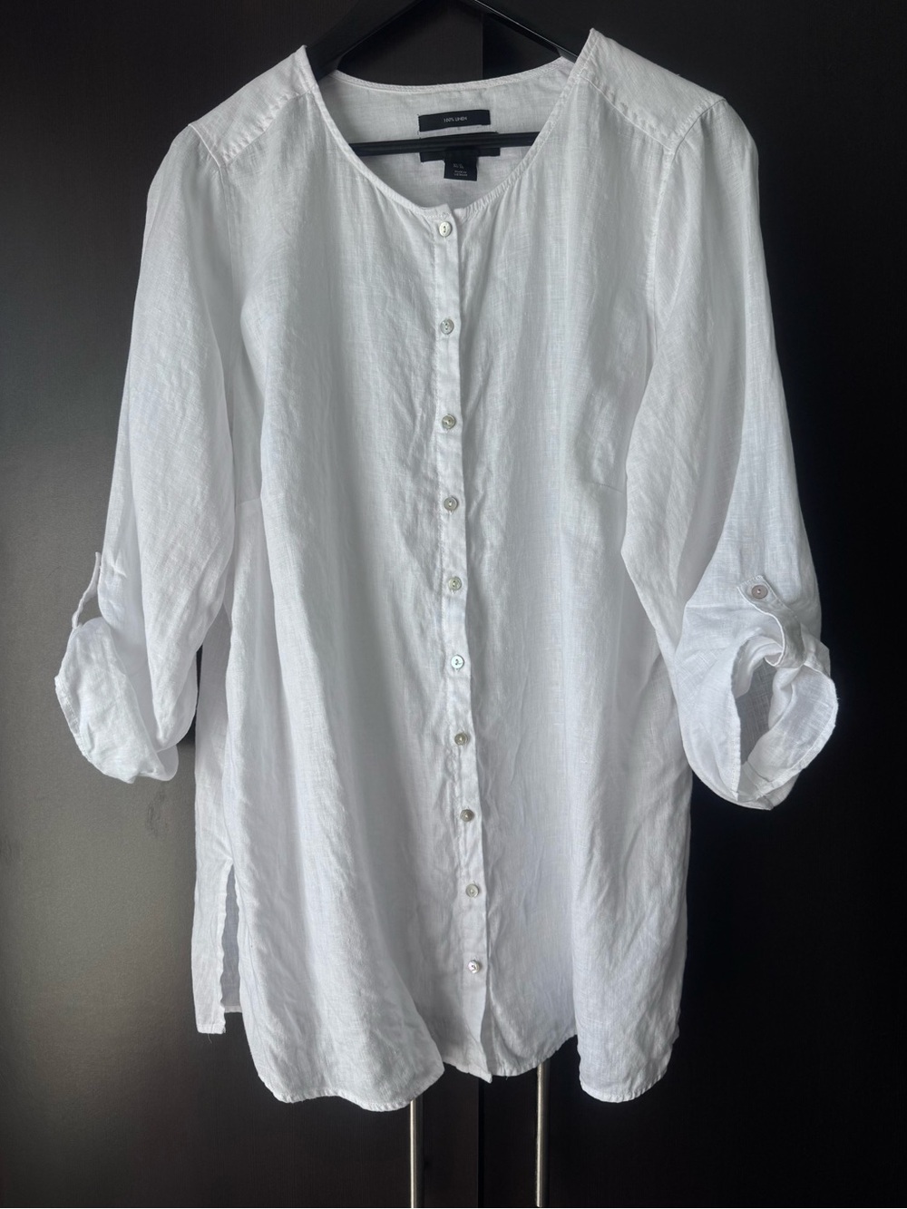 Tahari White 100% Linen Button Up Tunic Blouse 1X
